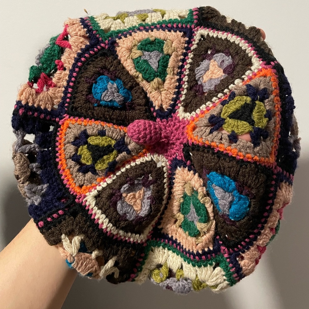Multi-colored square patterned knit beret